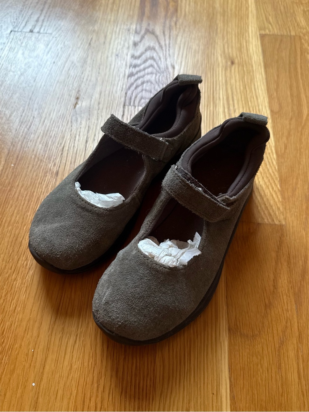 Lands End Suede Mary Jane Velcro Shoes in Brown